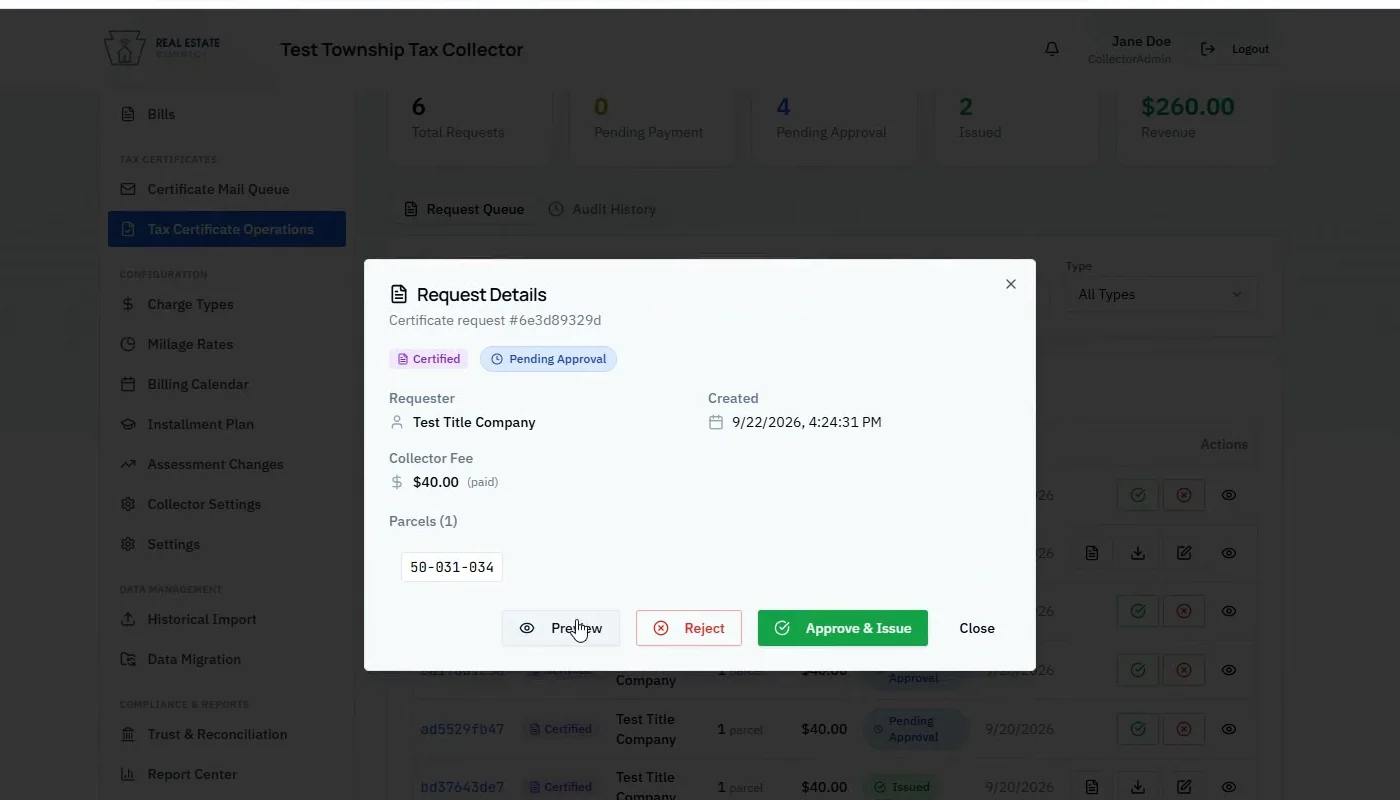 Collector review screen showing a certificate request with Preview, Reject, and Approve and Issue options