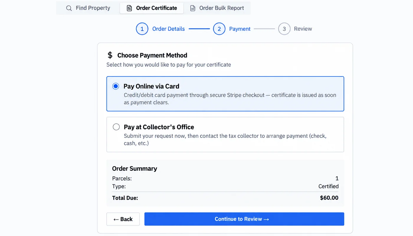 Certificate ordering screen showing payment options and order summary